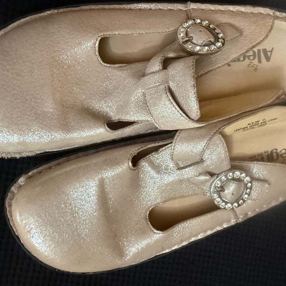 Alegria Shimmering Beige Mules with Rhinestone Buckle